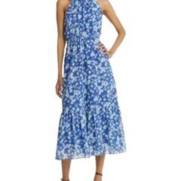 Chelsea28 Dresses & Skirts - Sold! Chelsea Blue Surf Aster Floral Print Tiered Halter Neck Midi dress